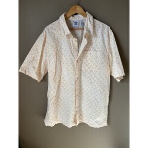 Adidas Button Up Shirt XL Cream Beige Trefoil Allover Print Logo Short Sleeve